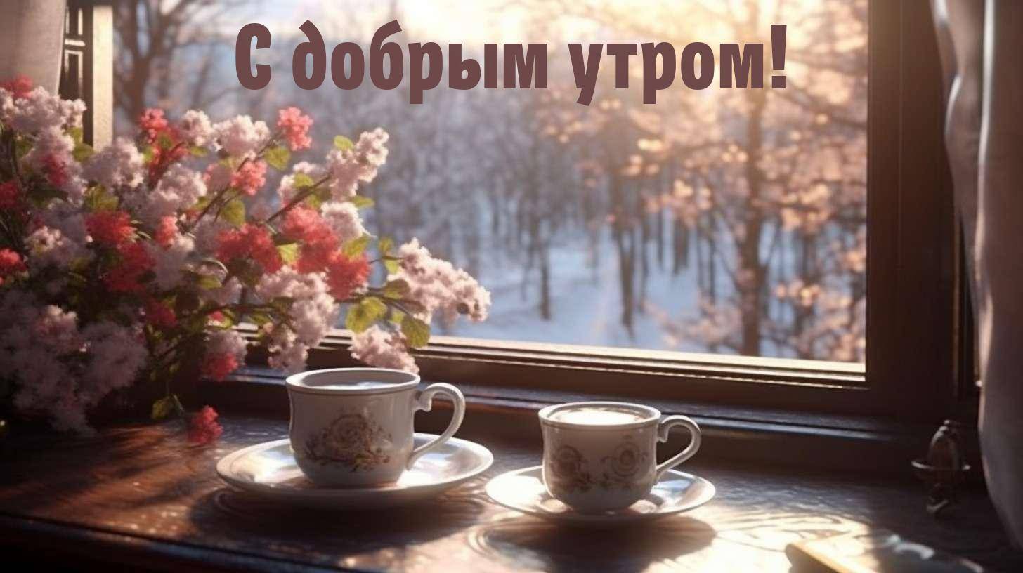 Комната с утренним светом, чашками кофе и цветами на окне
