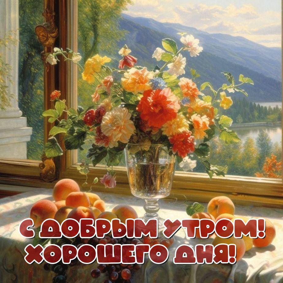 Композиция из цветов и фруктов на фоне гор