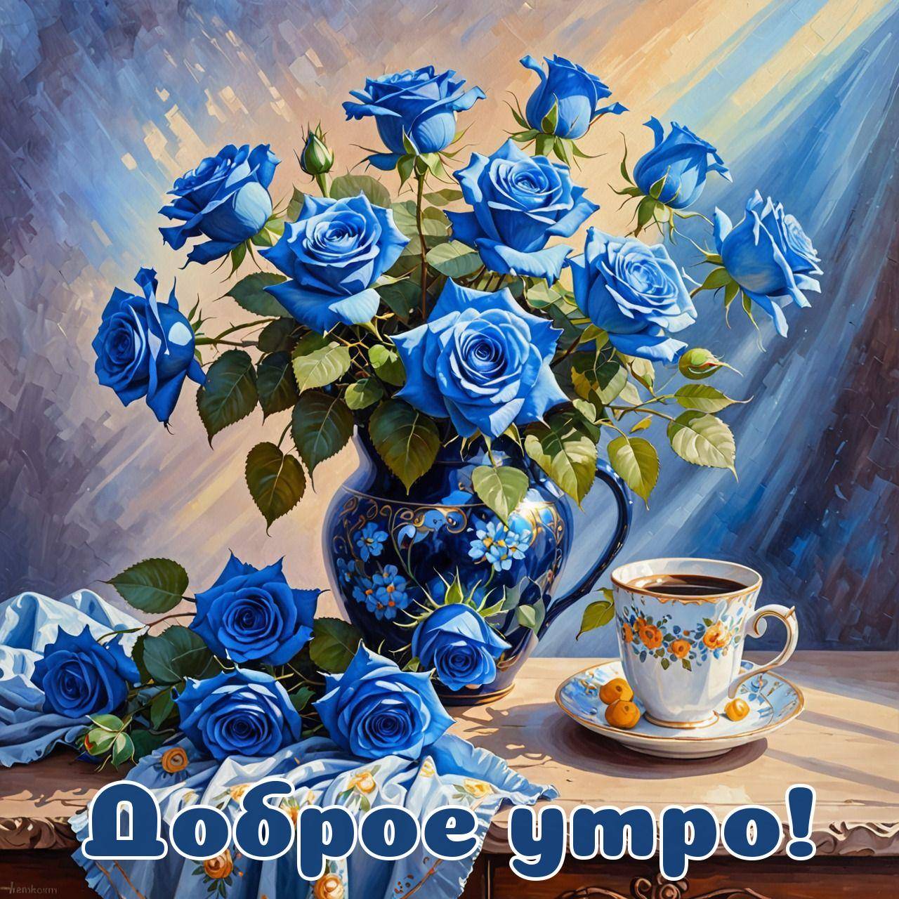 Композиция с синими розами и чашкой кофе