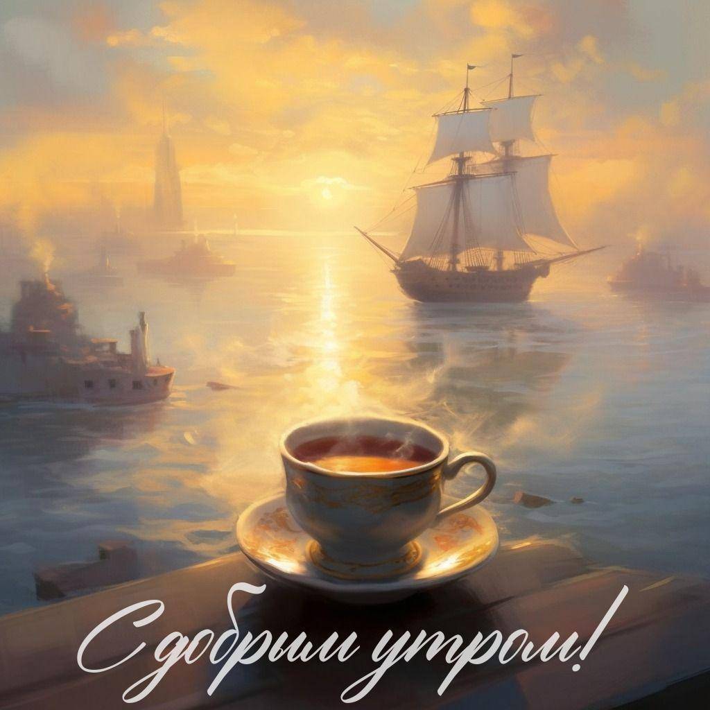 Корабль плывет на фоне теплых оттенков рассвета, стоит изящная чашка с чаем, украшенная золотыми элементами.