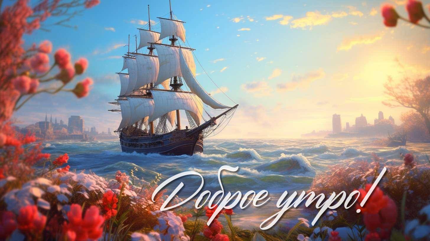 Корабль с белыми парусами на фоне утреннего рассвета