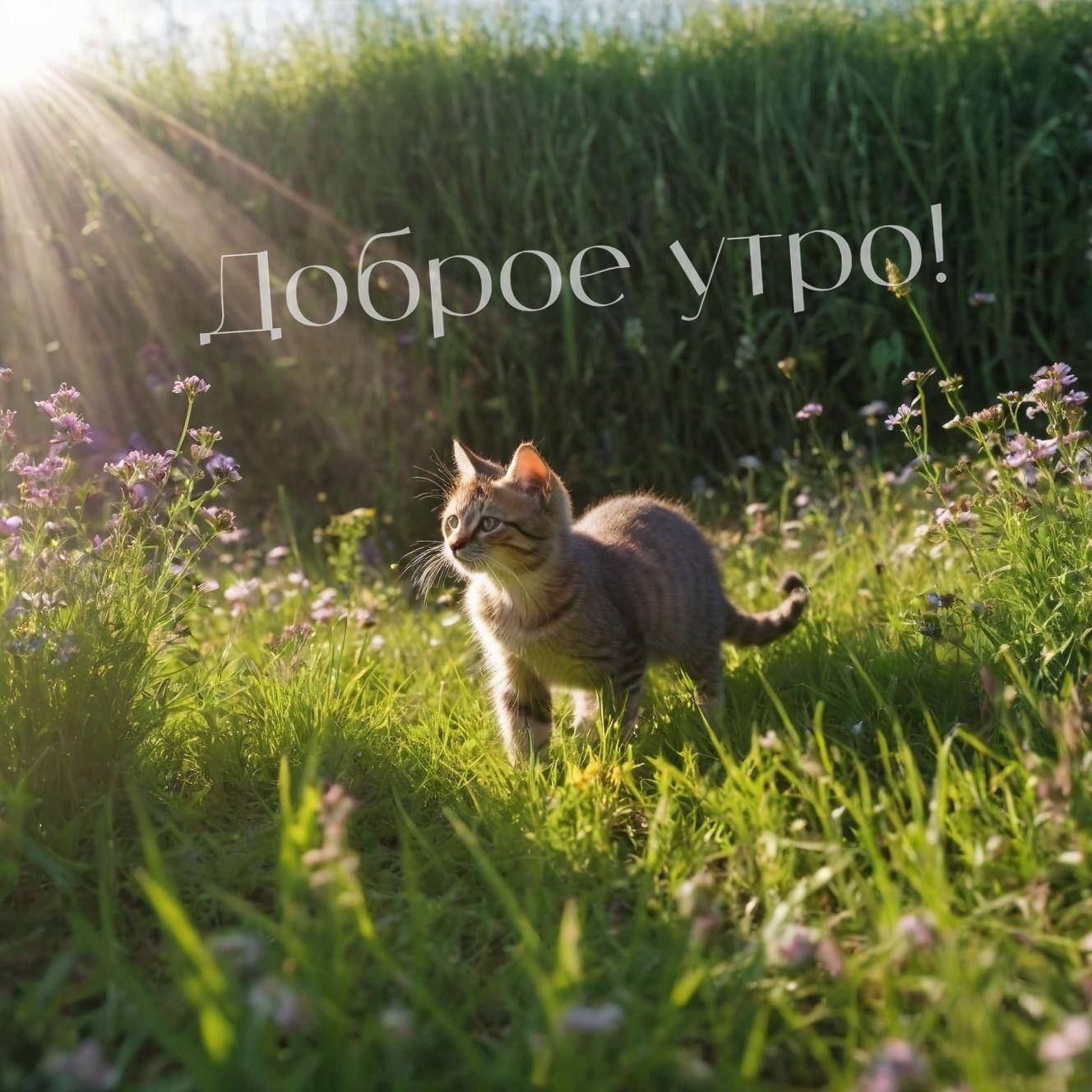 Коричнево-серая кошка идет среди травы и цветов