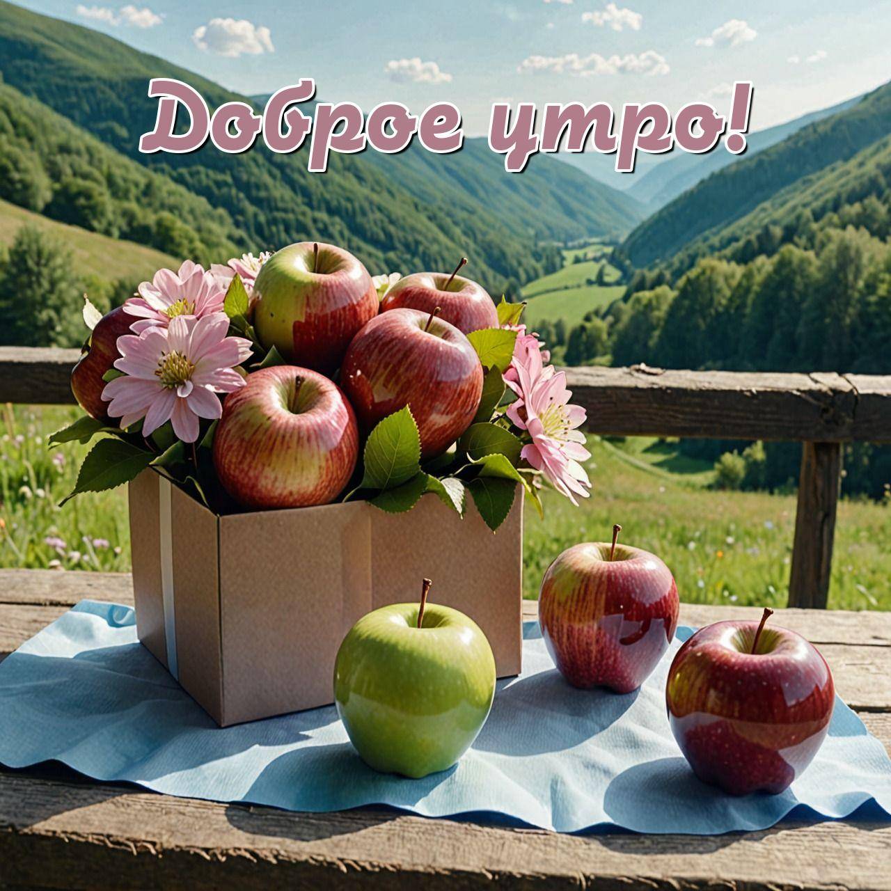 Коробка с яблоками и цветами