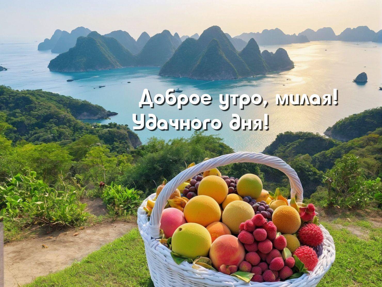 Корзина с фруктами на фоне горного пейзажа