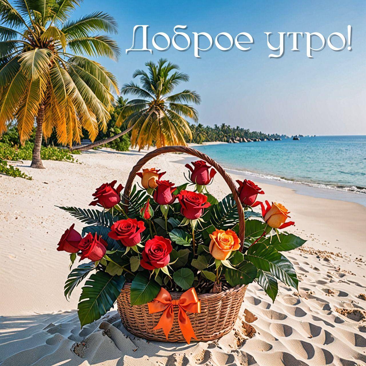 Корзина с розами на песчаном пляже. Пальмы и море на заднем плане.