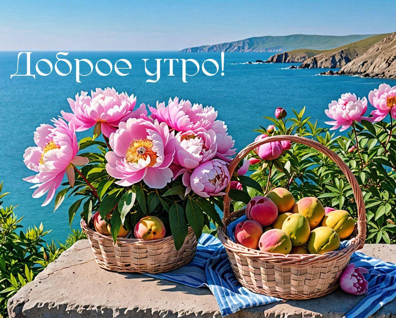 Корзины с персиками и пионами на фоне моря
