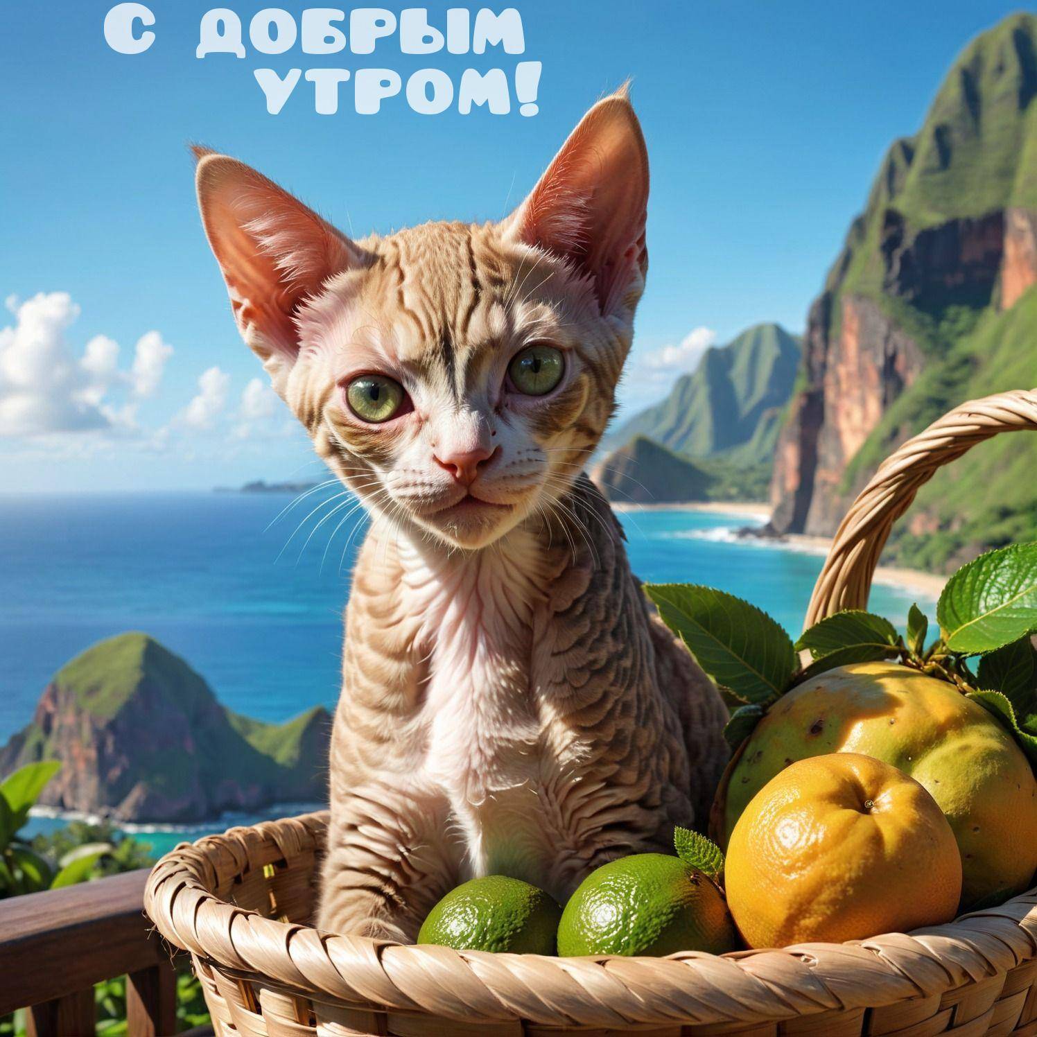 Кошка Девон-рекс в корзине с фруктами и пейзажем на фоне