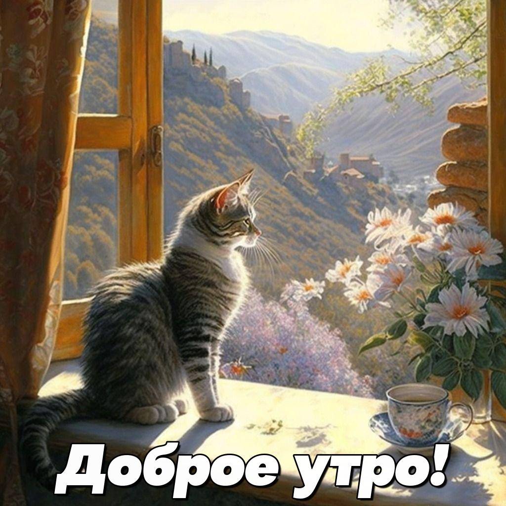 Кошка на подоконнике смотрит на горы за окном