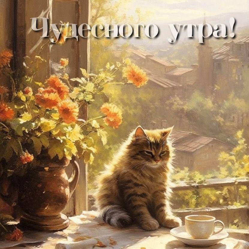 Кошка на столе с цветами и чашкой