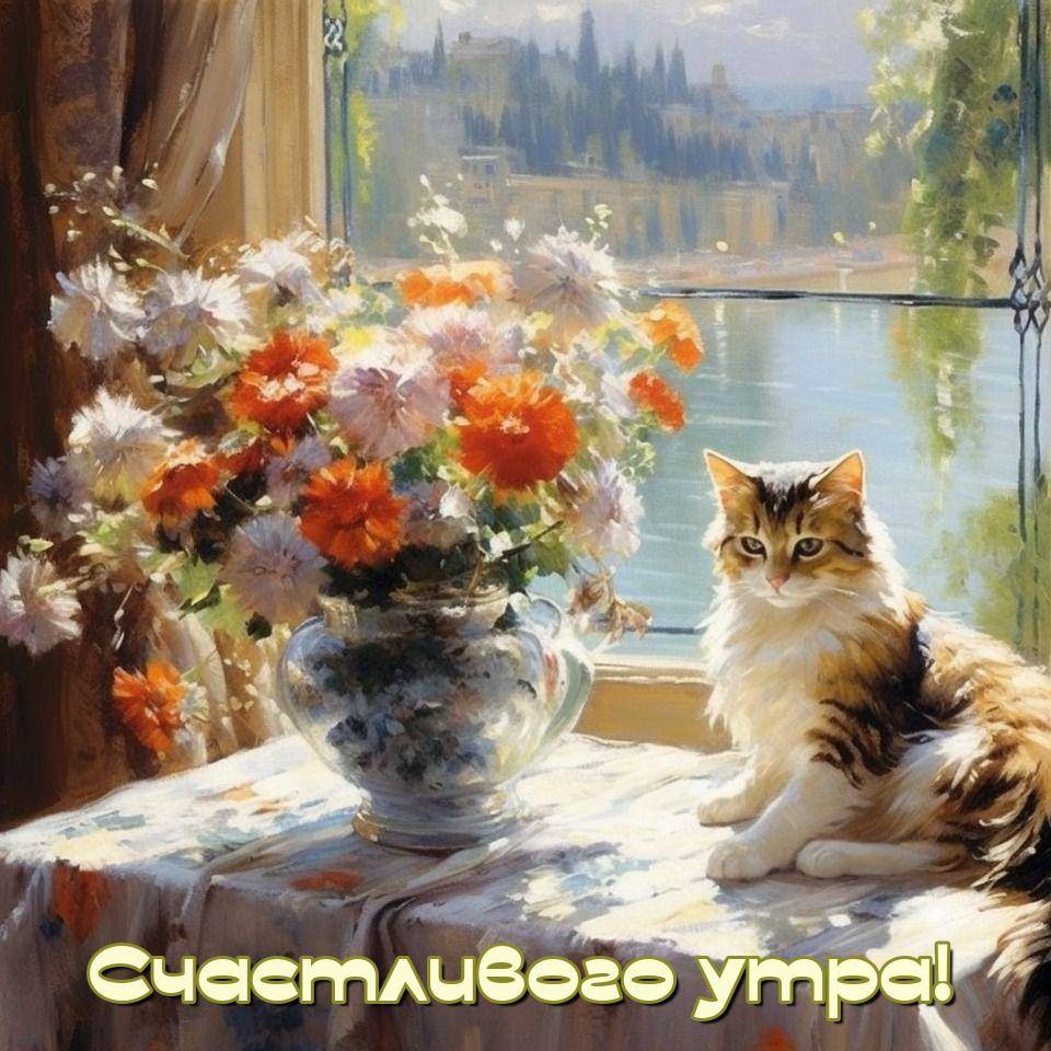 Кошка на столе с цветами у окна, красивый пейзаж за окном.