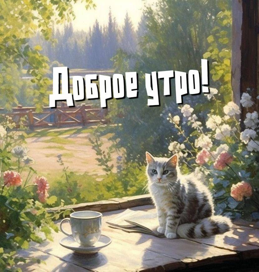 Кошка на столе, цветы и кружка