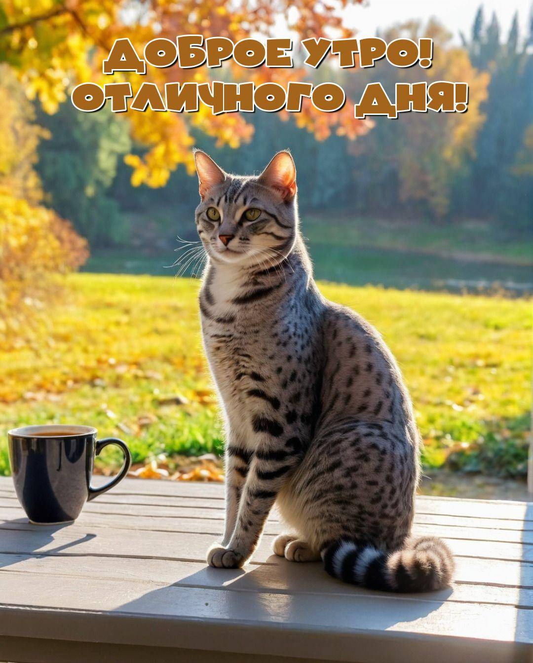 Кошка с пятнистым окрасом на фоне осеннего пейзажа