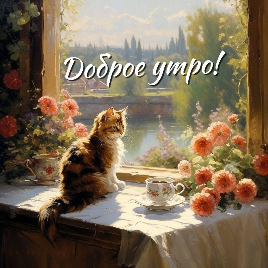 Кошка у окна, вид на природу
