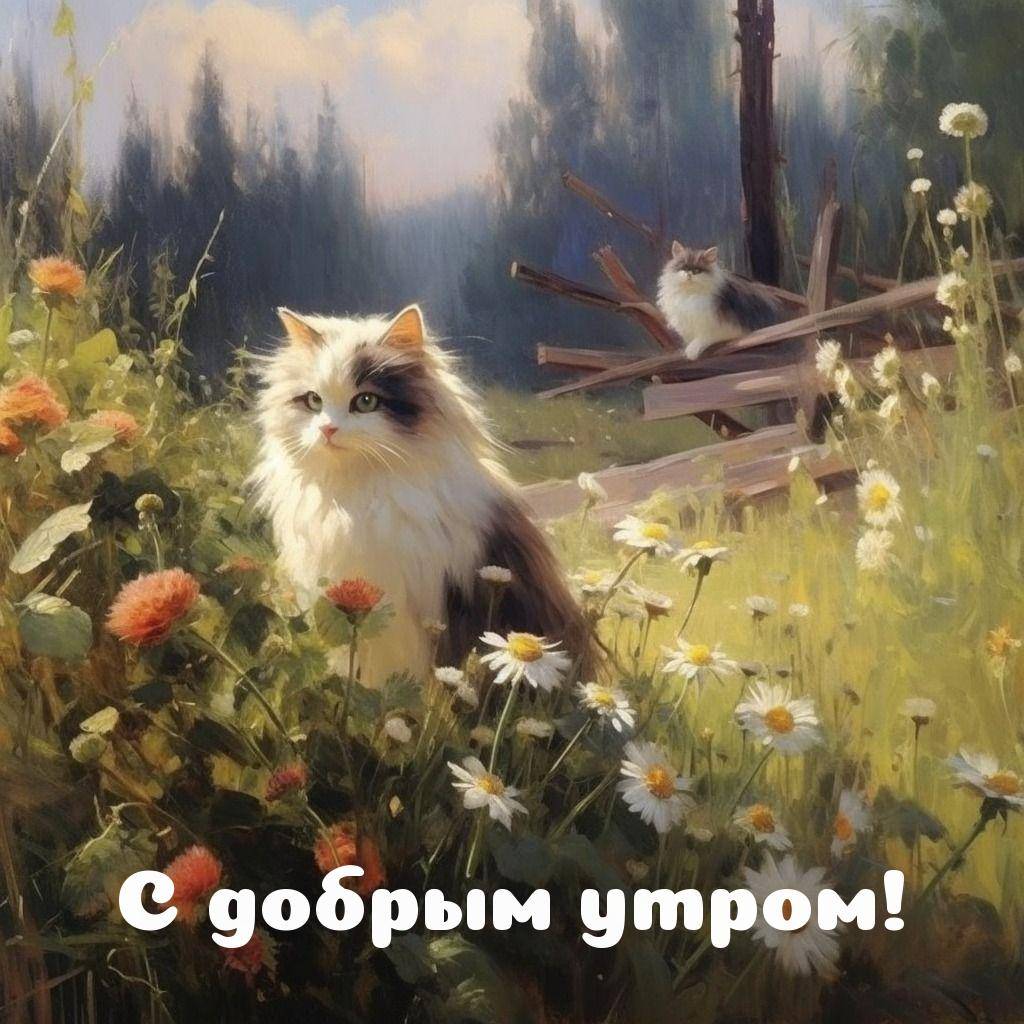 Кошки на фоне пейзажа с цветами и лесом