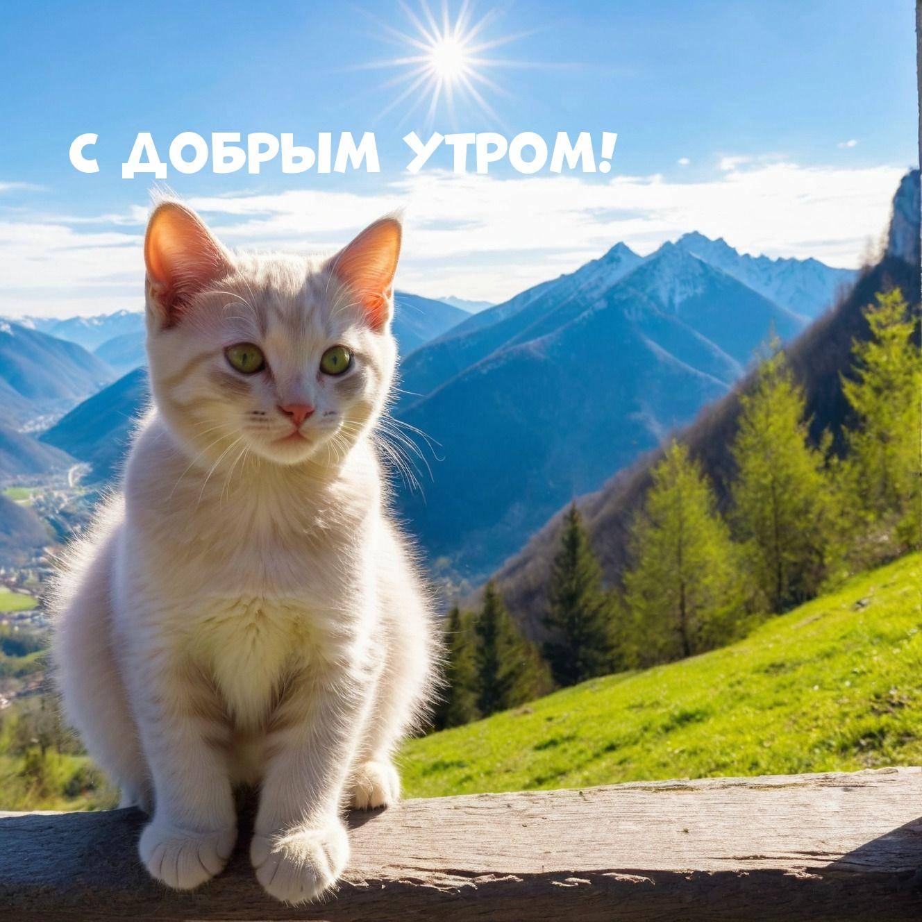 Кот на ограждении с горным пейзажем