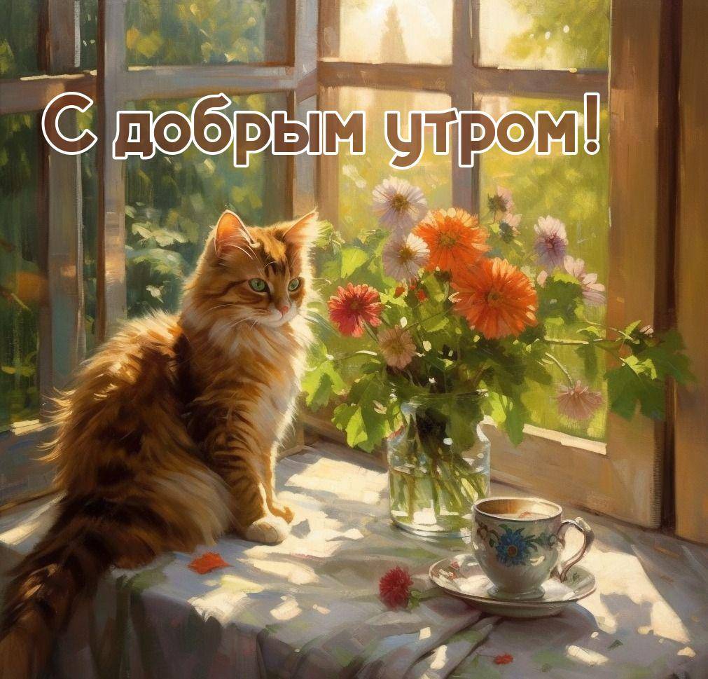 Кот на подоконнике с цветами и чашкой на столе