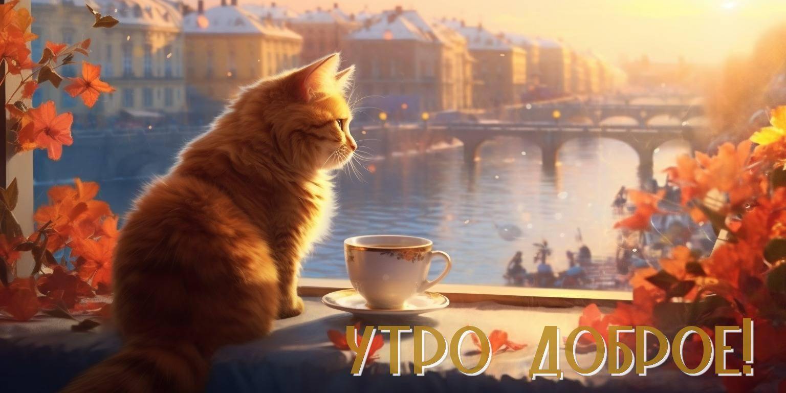 Кот сидит на подоконнике с чашкой, за окном река и мост, заснеженные домики.