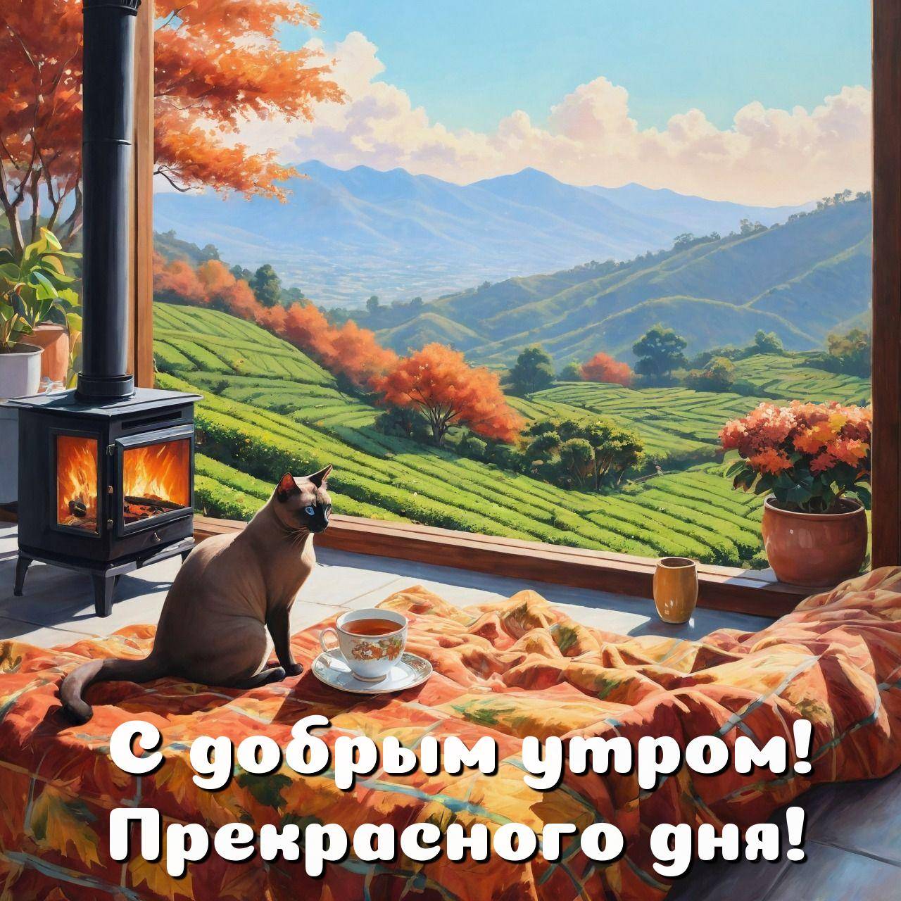 Кот на покрывале в уютной комнате с видом на холмы