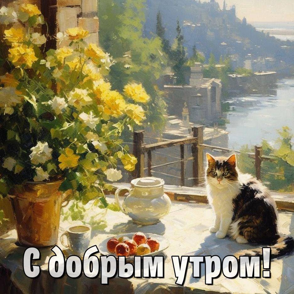 Кот на столе с чайником и цветами