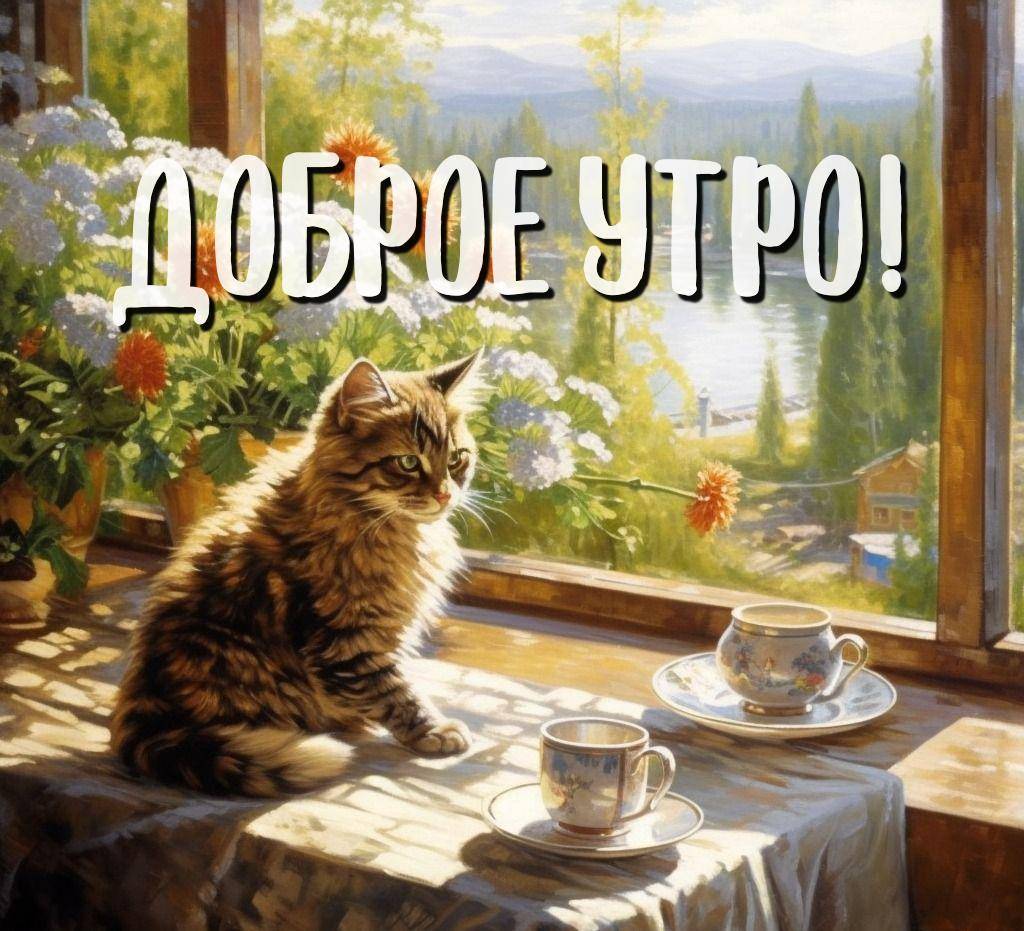 Кот на столе смотрит в окно, украшенное цветами
