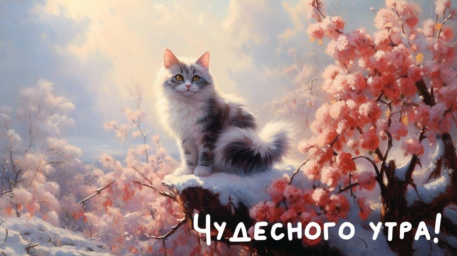 Кот на ветке на фоне рассвета, окруженный цветущими деревьями
