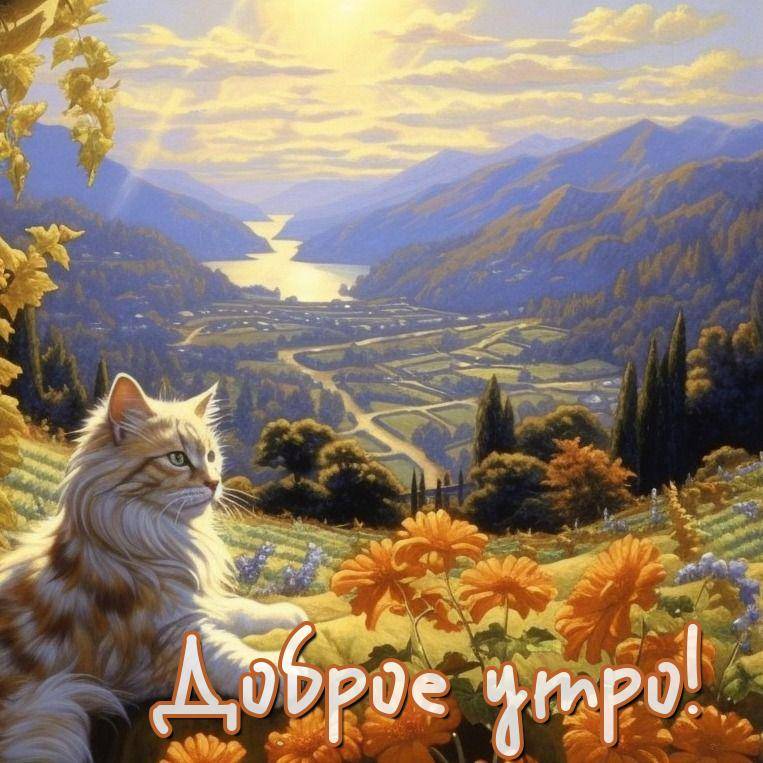 Кот на зеленом холме среди оранжевых цветов
