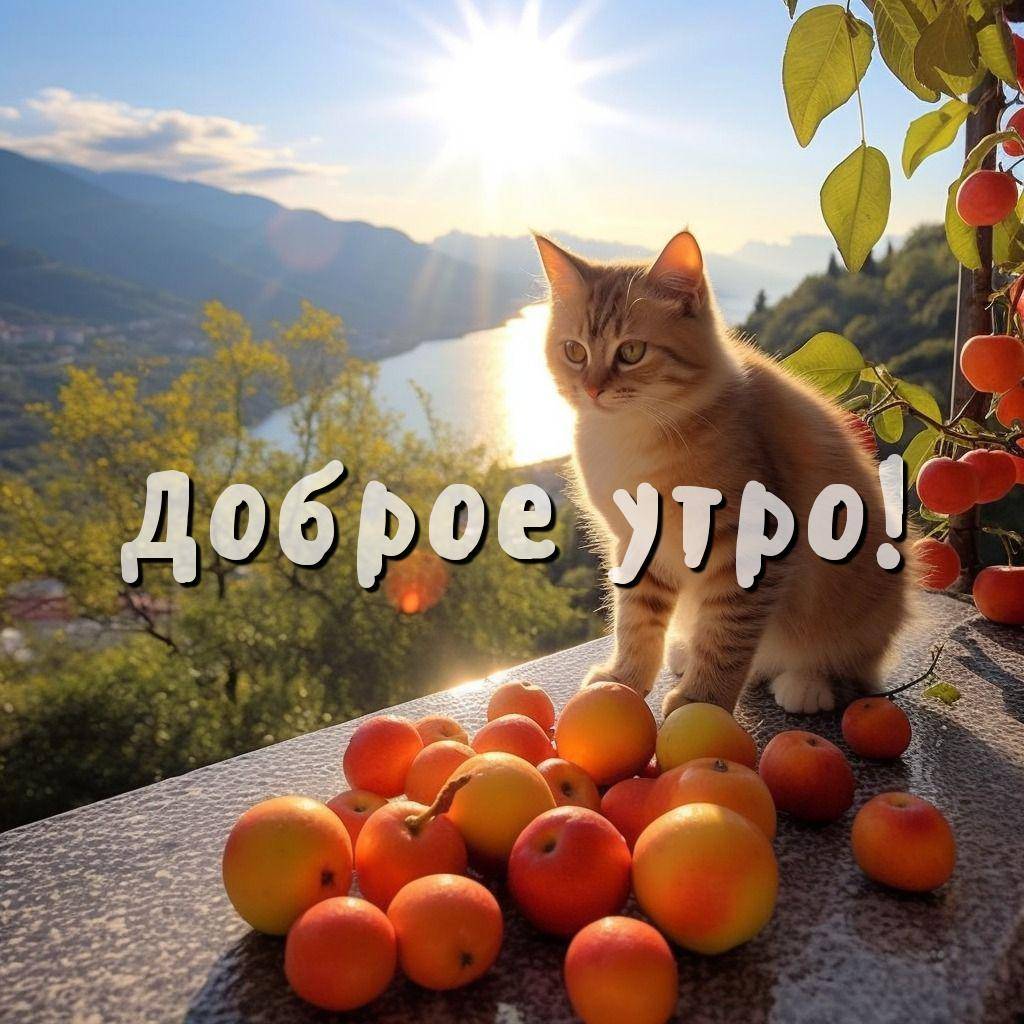 Кот рядом с фруктами и природой