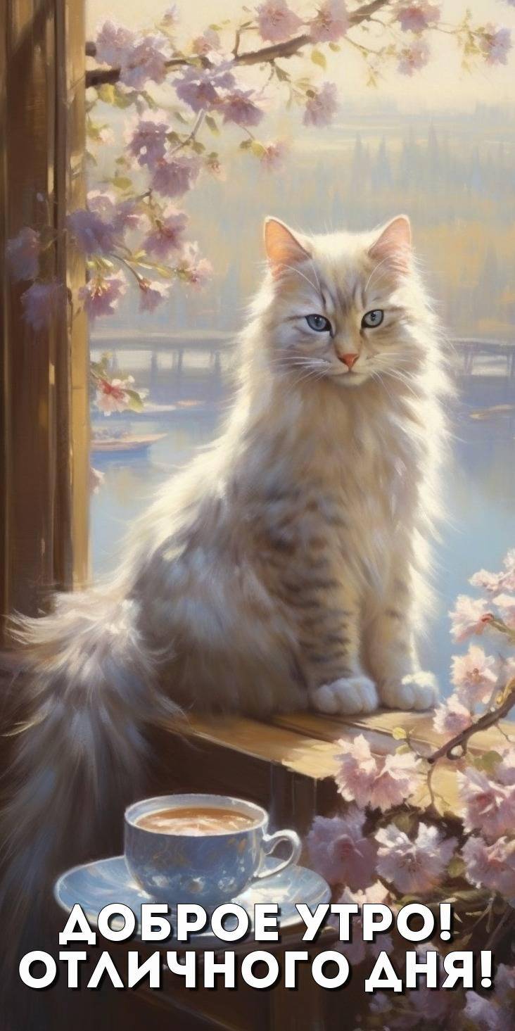 Кот с чашкой кофе на подоконнике у окна в утренних лучах.