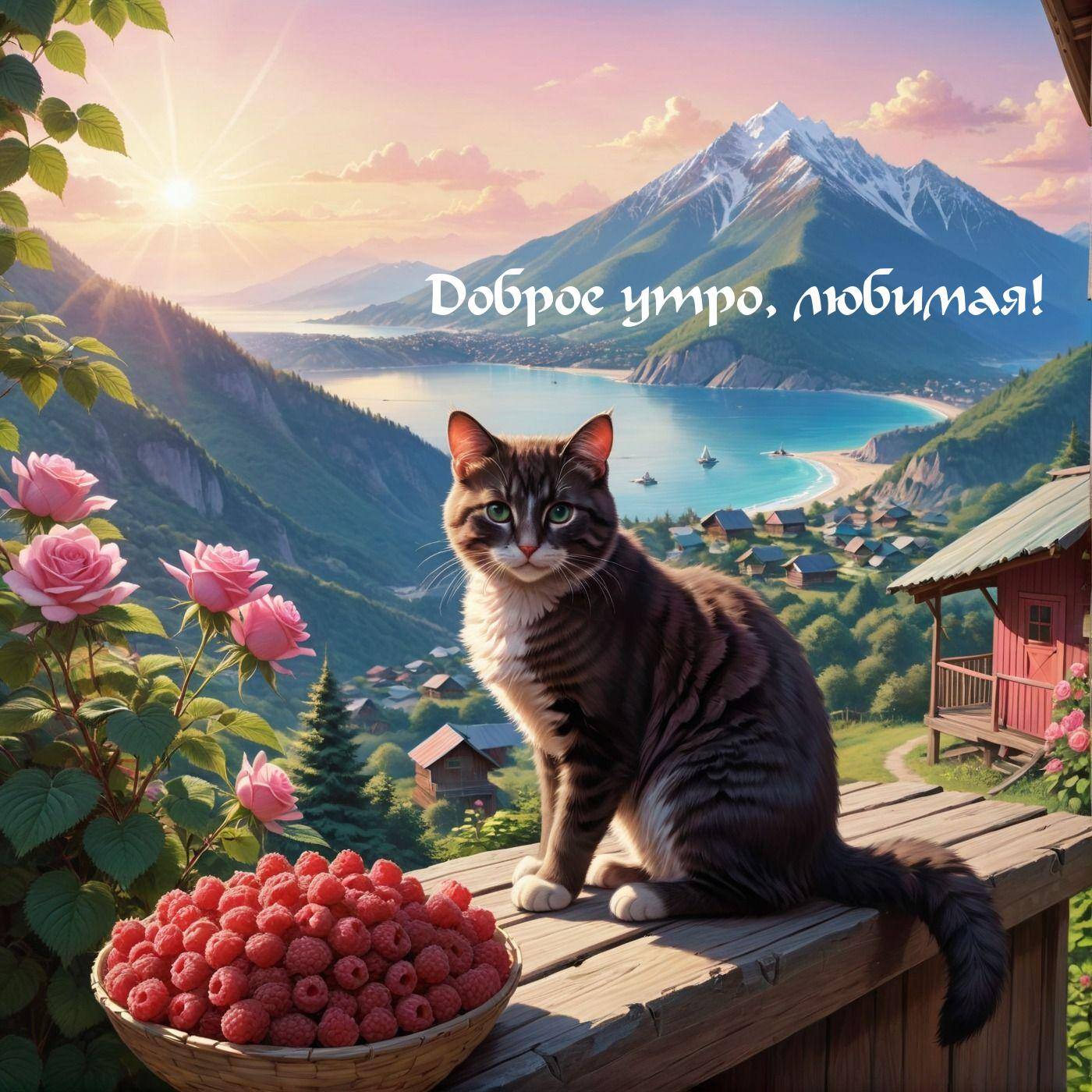 Кот с зелёными глазами и корзиной малины на фоне гор
