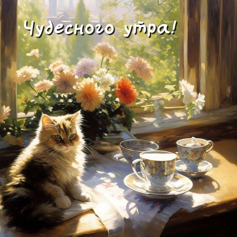 Кот сидит среди чашек у окна