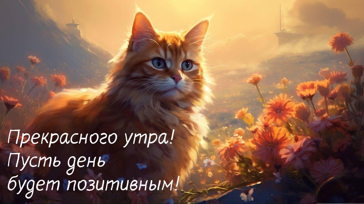 Кот сидит среди цветущих полей под утренним солнцем