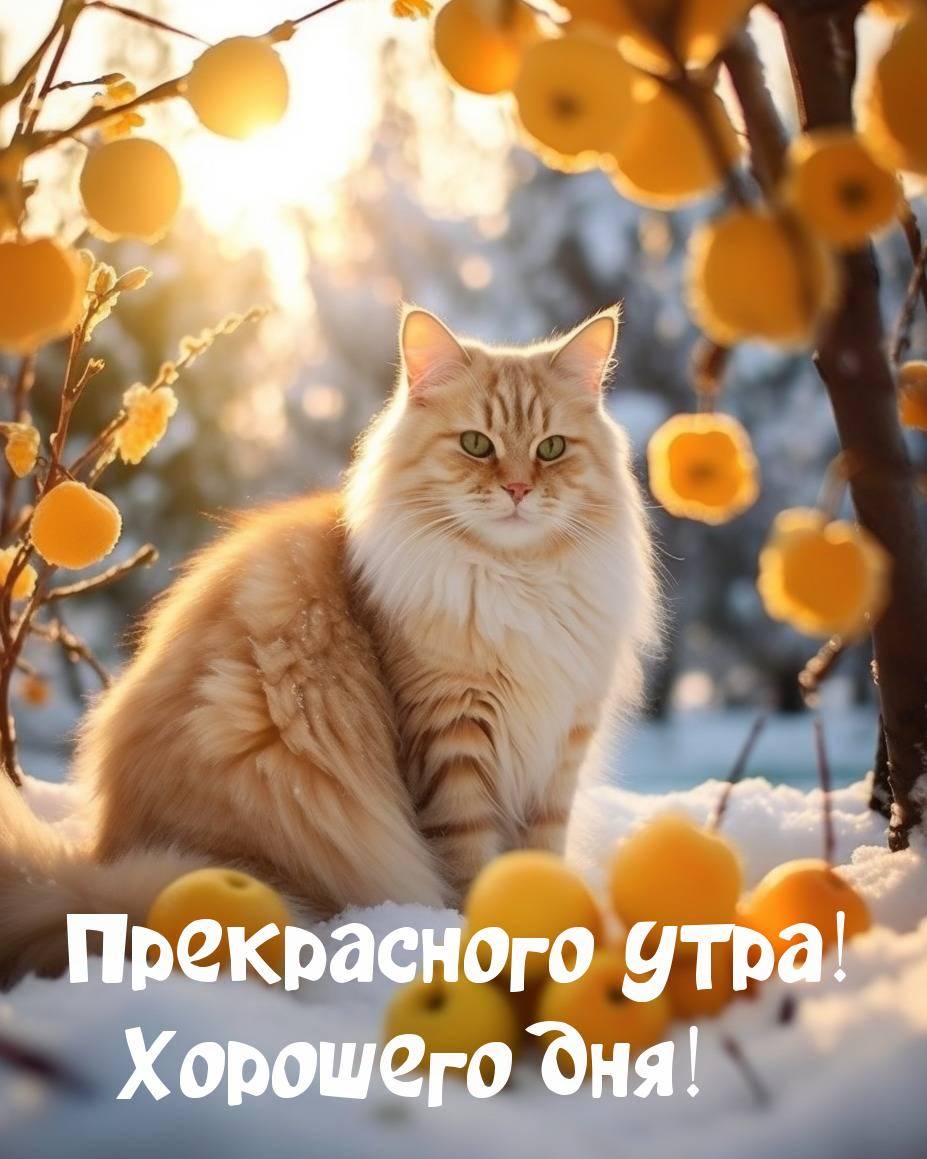 Кот сидит среди яблок, усыпанных снегом