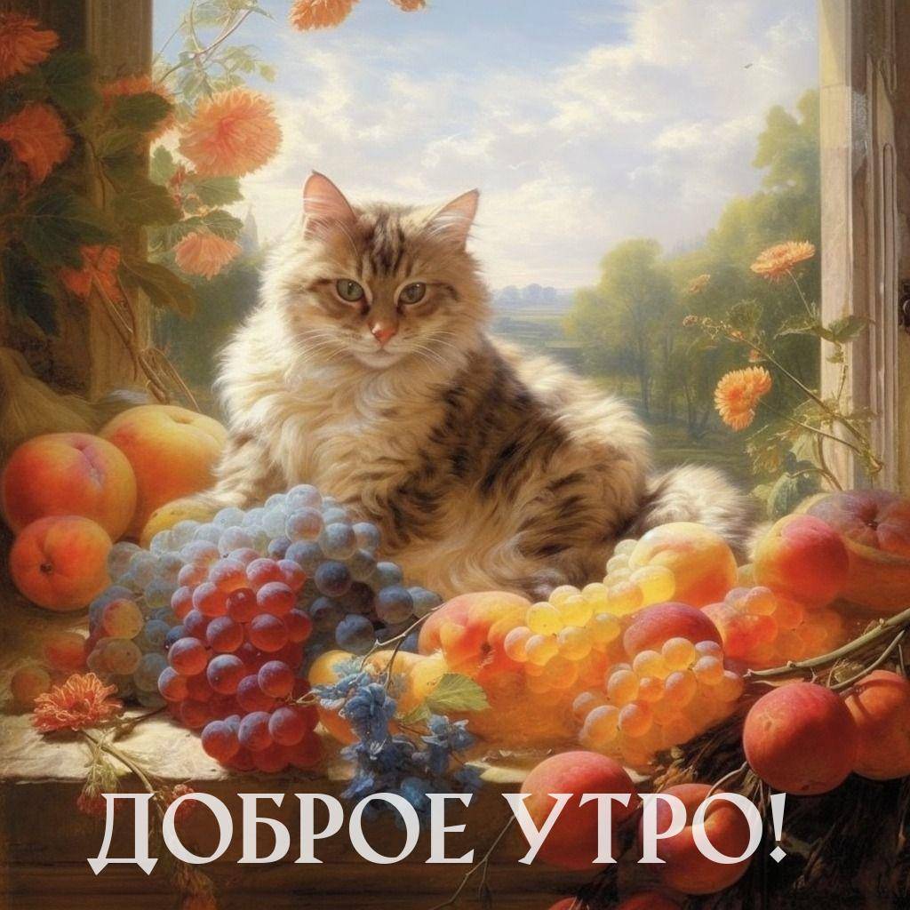 Кот среди фруктов на подоконнике