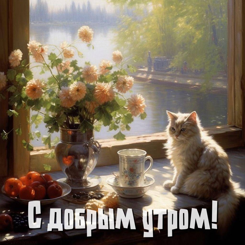 Кот у окна с вазой и фруктами