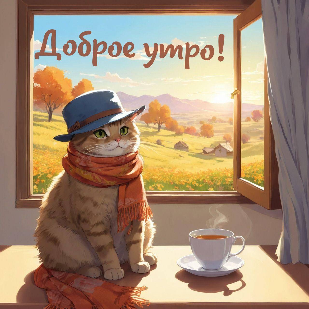 Кот в шляпе и шарфе на подоконнике
