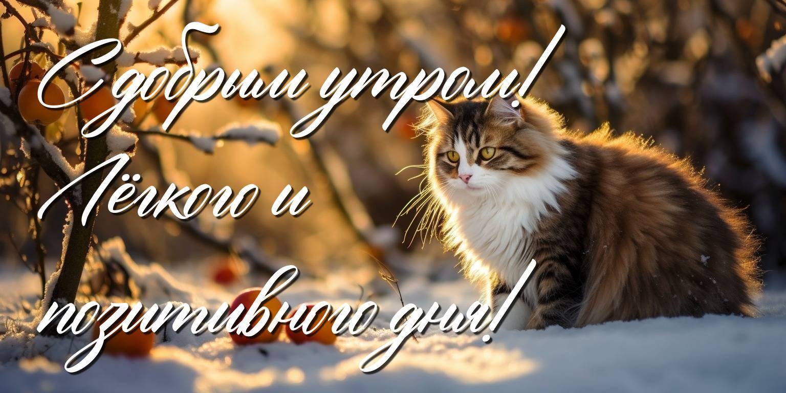 Кот в золотом свете утра, снег, яблоки