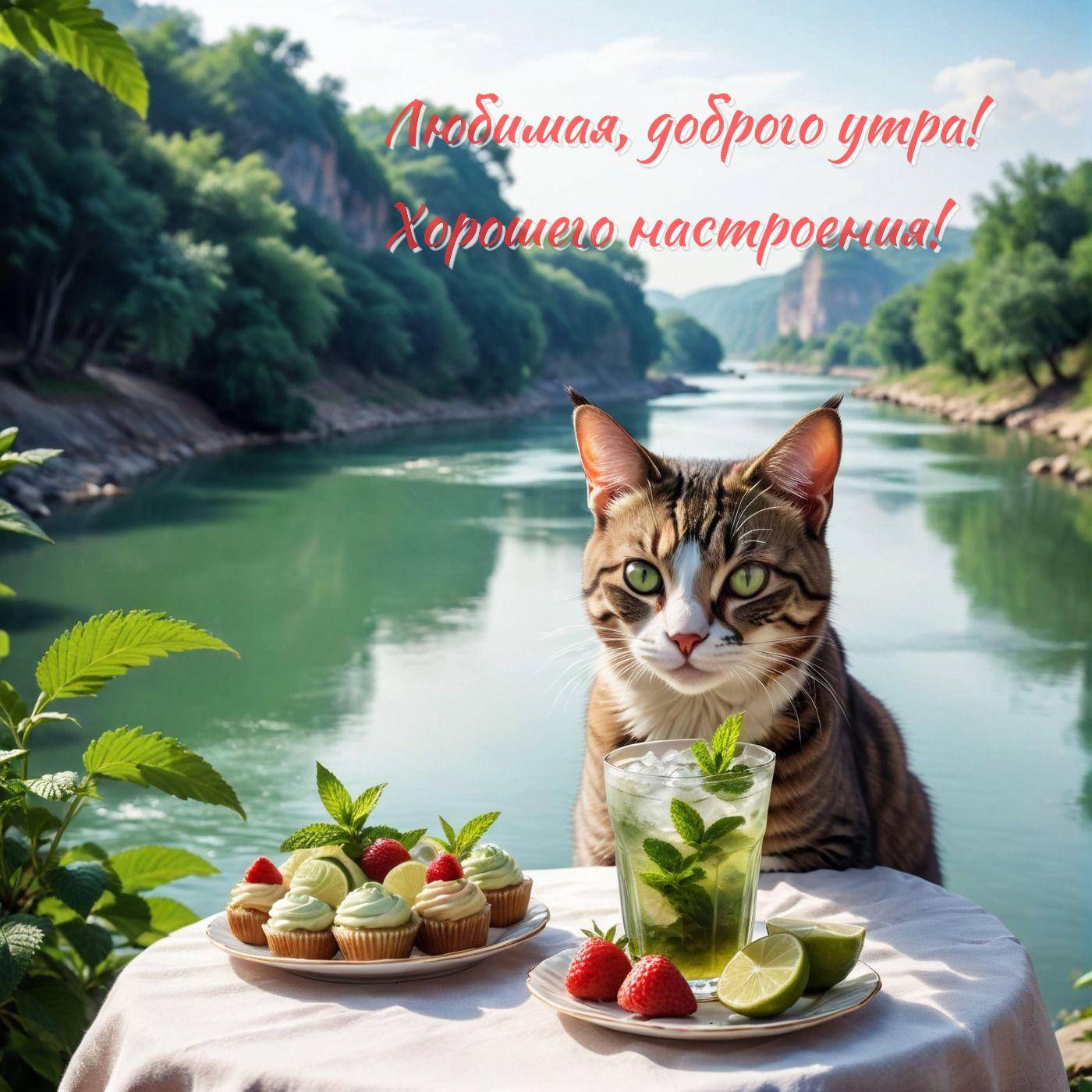 Кот за столом с капкейками и напитком