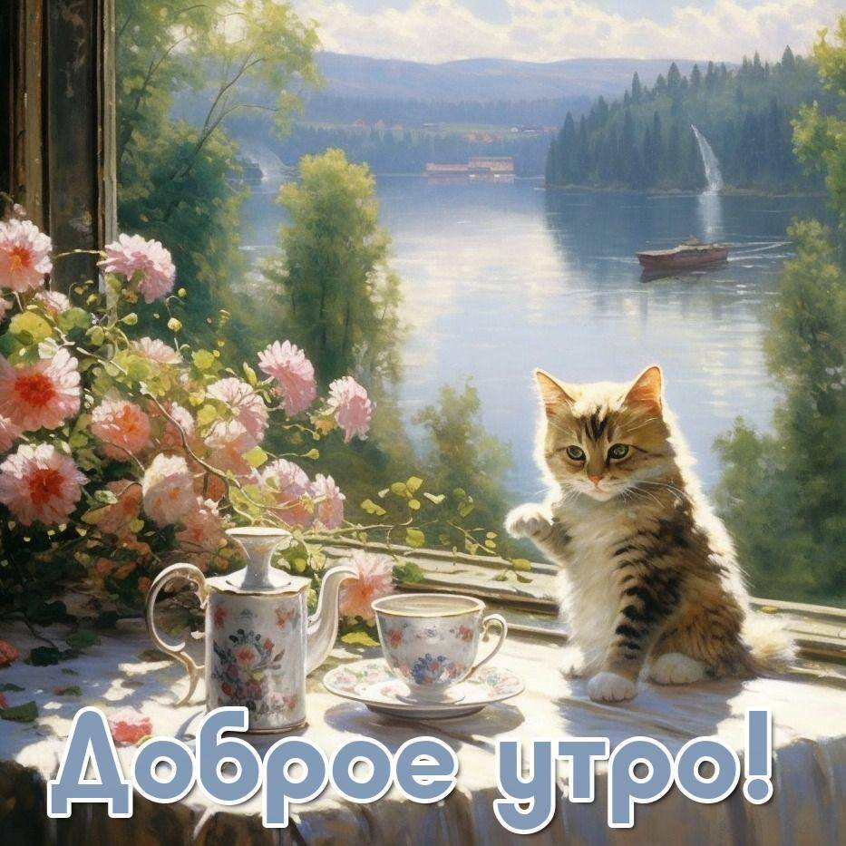 Котенок на столе у окна с озером и деревьями
