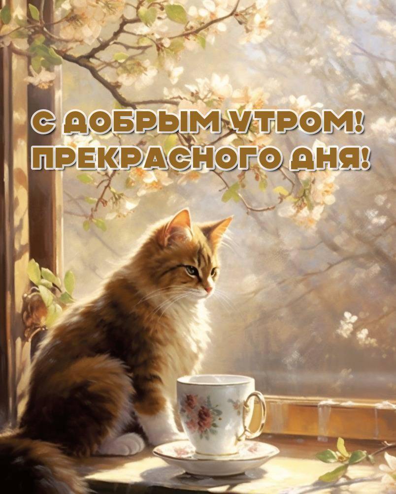 Котенок наслаждается утренним светом на подоконнике, рядом чашка кофе.