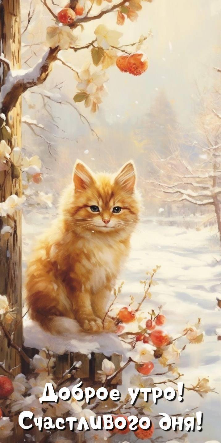 Котенок открывает глаза на заснеженной скамейке у дерева