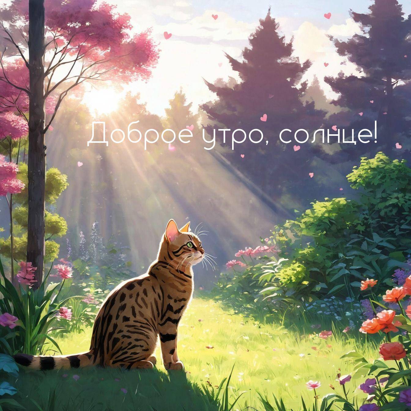 Котенок в лесу, окруженный цветами и лучами солнца