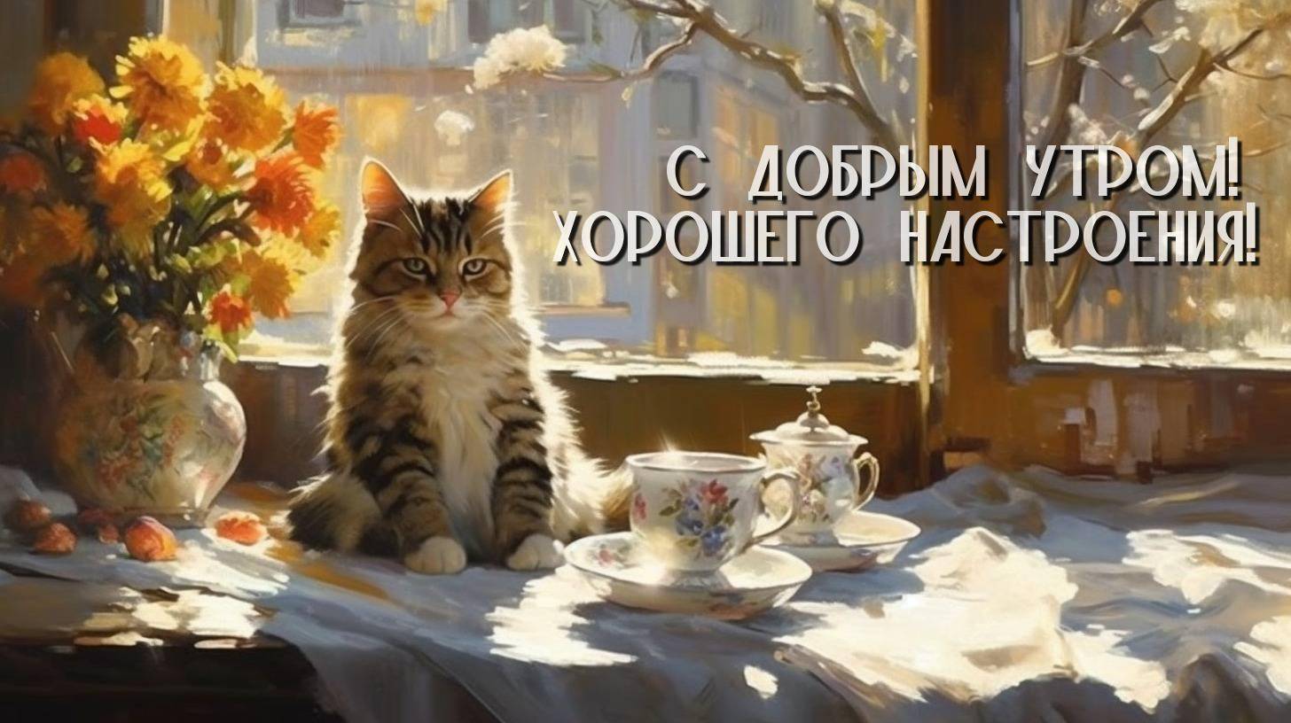 Котёнок и чашка чая на фоне утреннего света