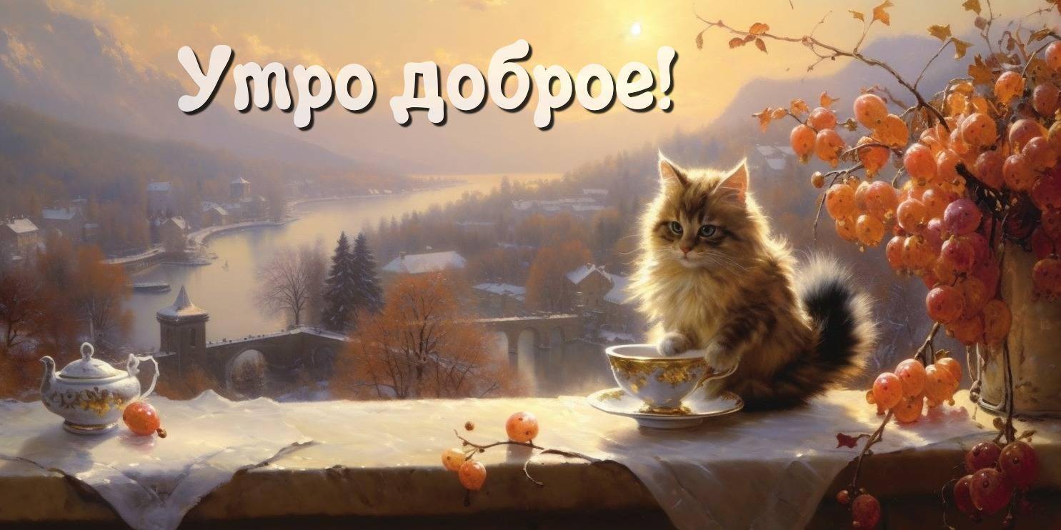 Котёнок и чашка чая на фоне восхода солнца