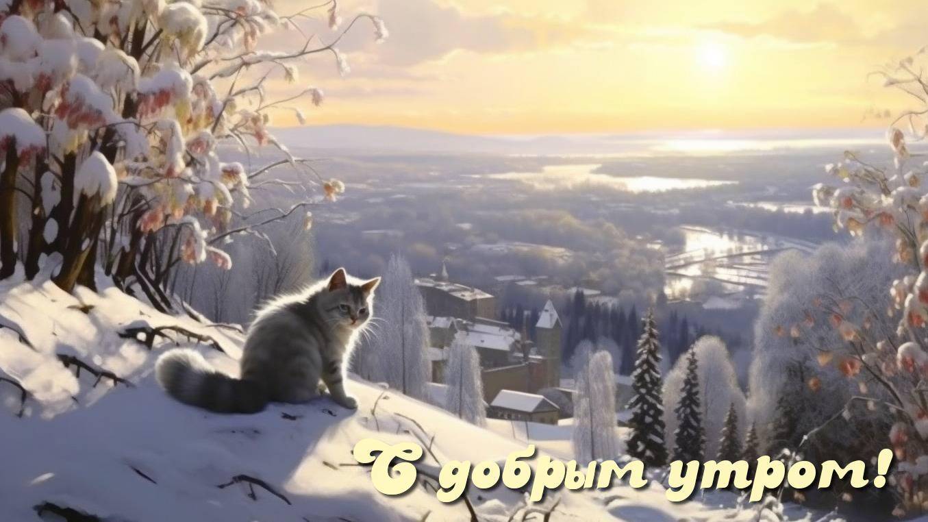 Котёнок на белоснежном сугробе под утренним солнцем