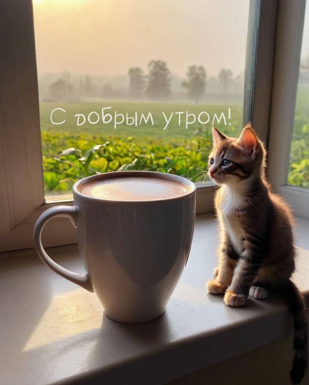 Котёнок у чашки с напитком у окна