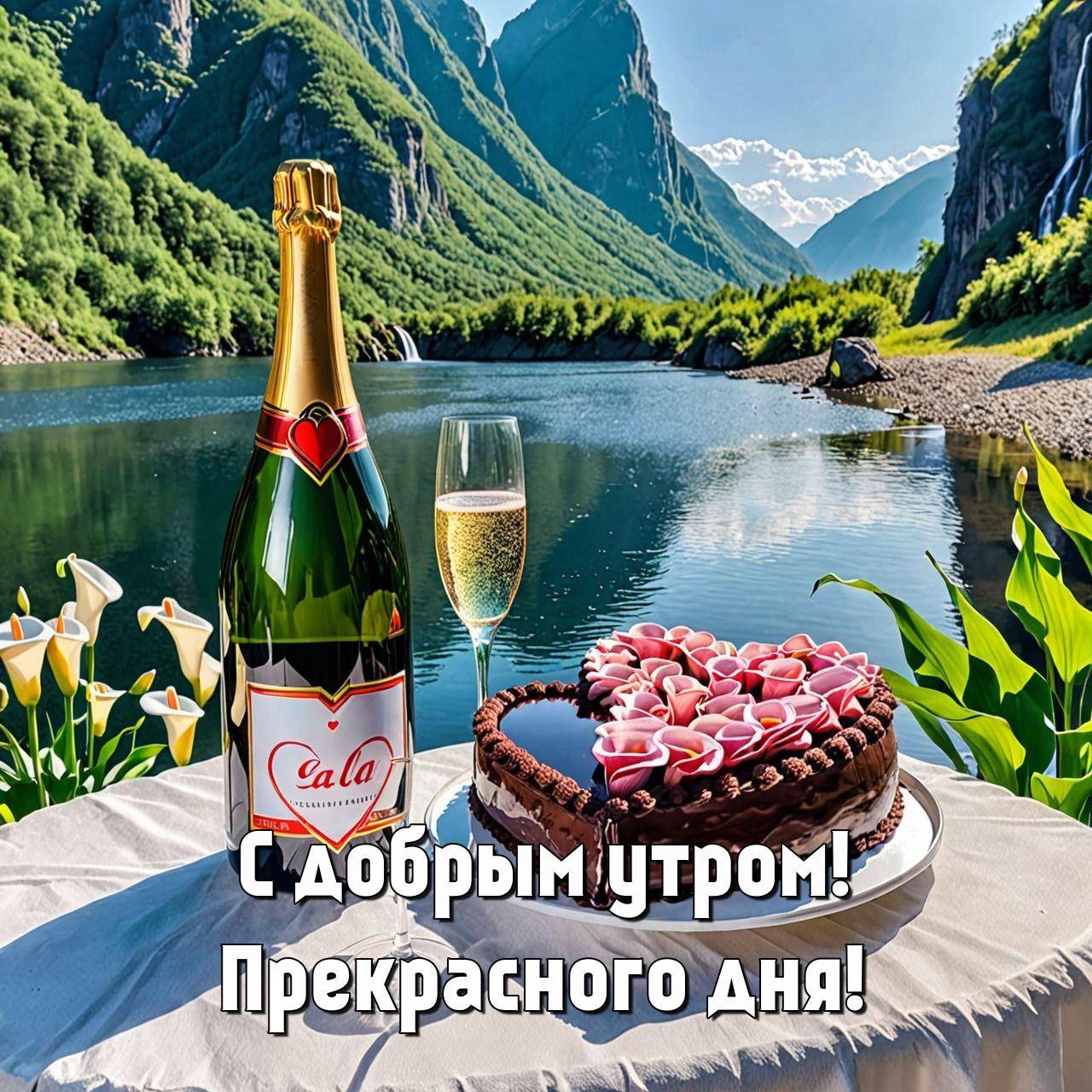 Красивая сцена на природе с шампанским и тортом