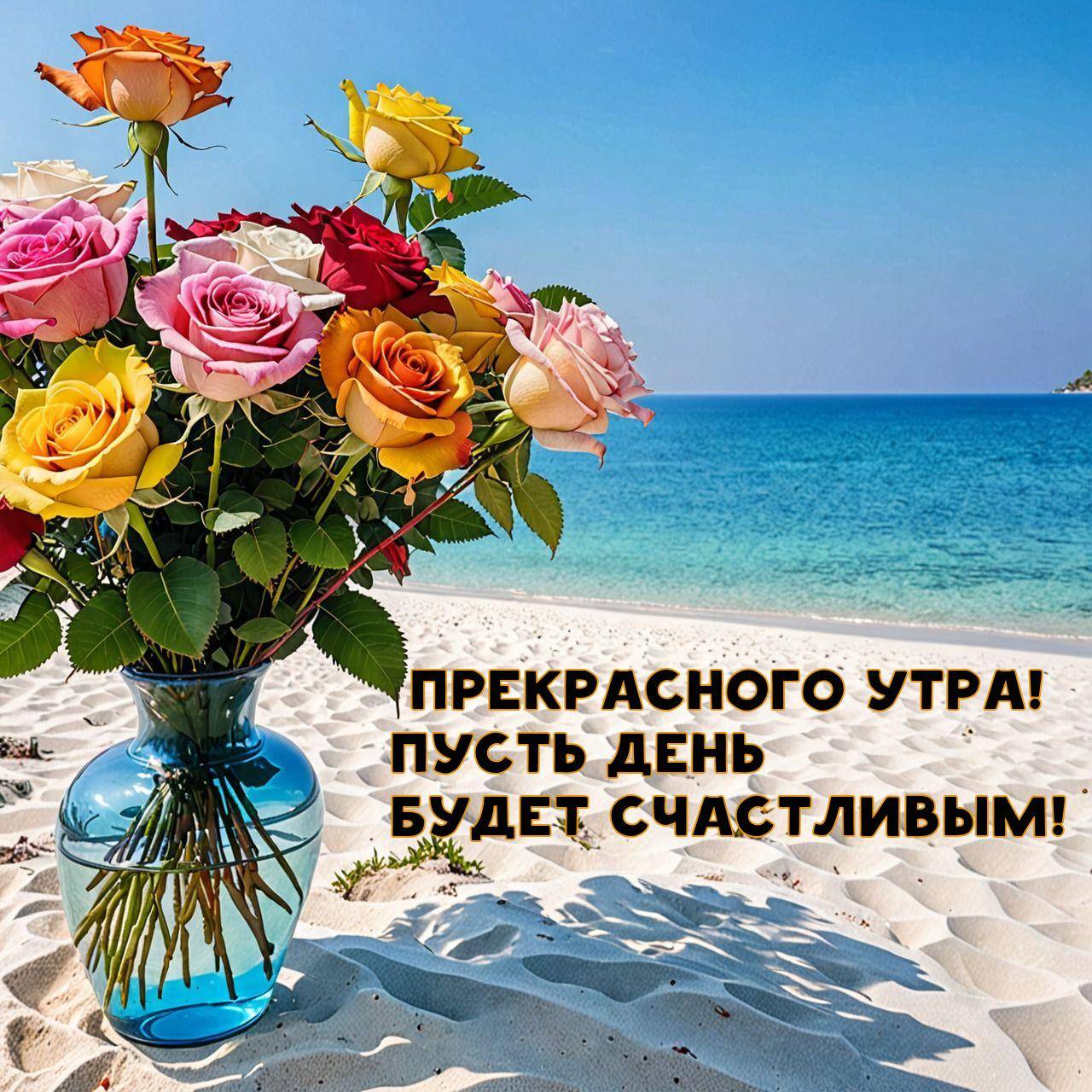Красивый букет роз в голубой вазе на пляже