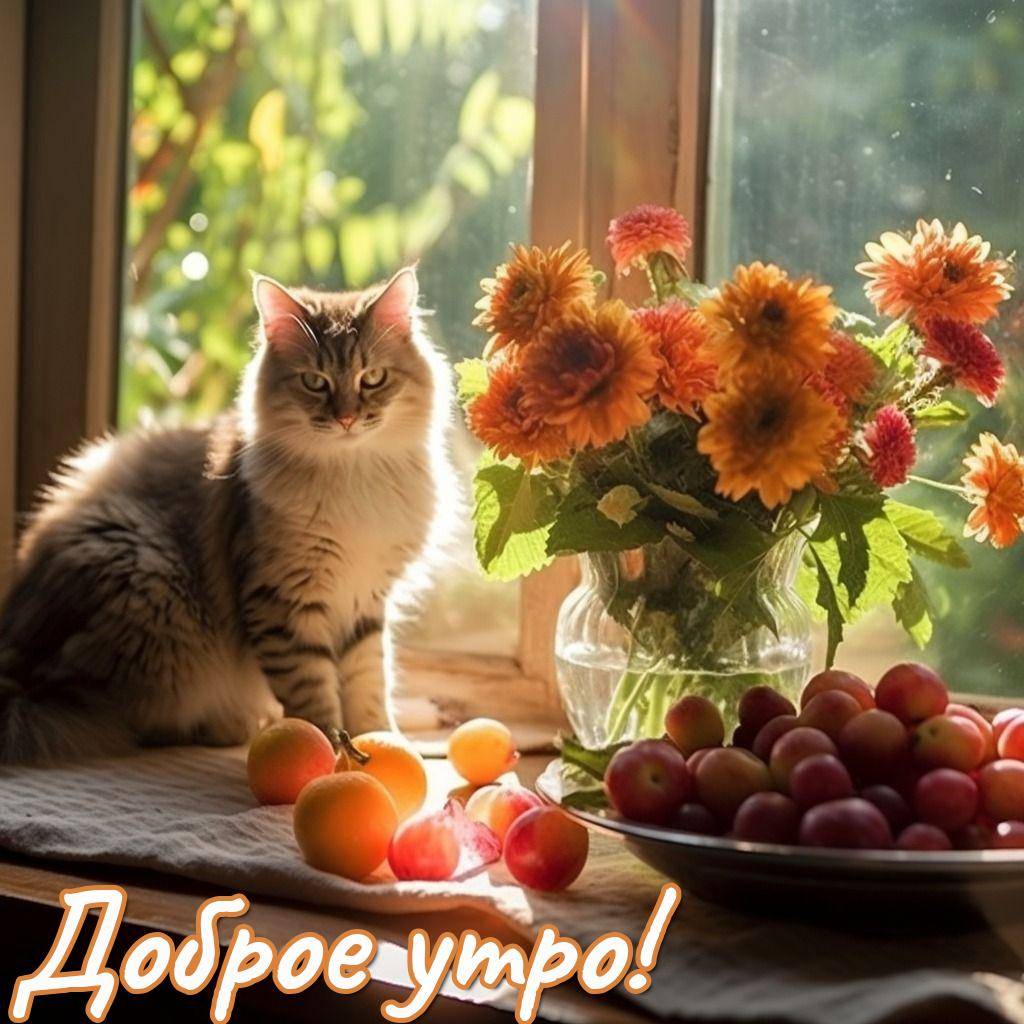 Красивый кот и ваза с цветами на уютном фоне