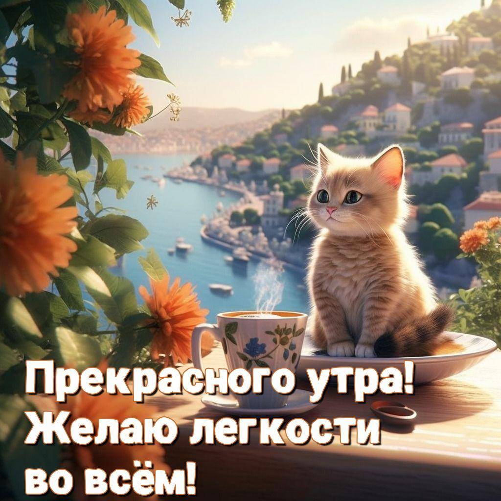 Красивый котенок на столе рядом с чашкой и цветами