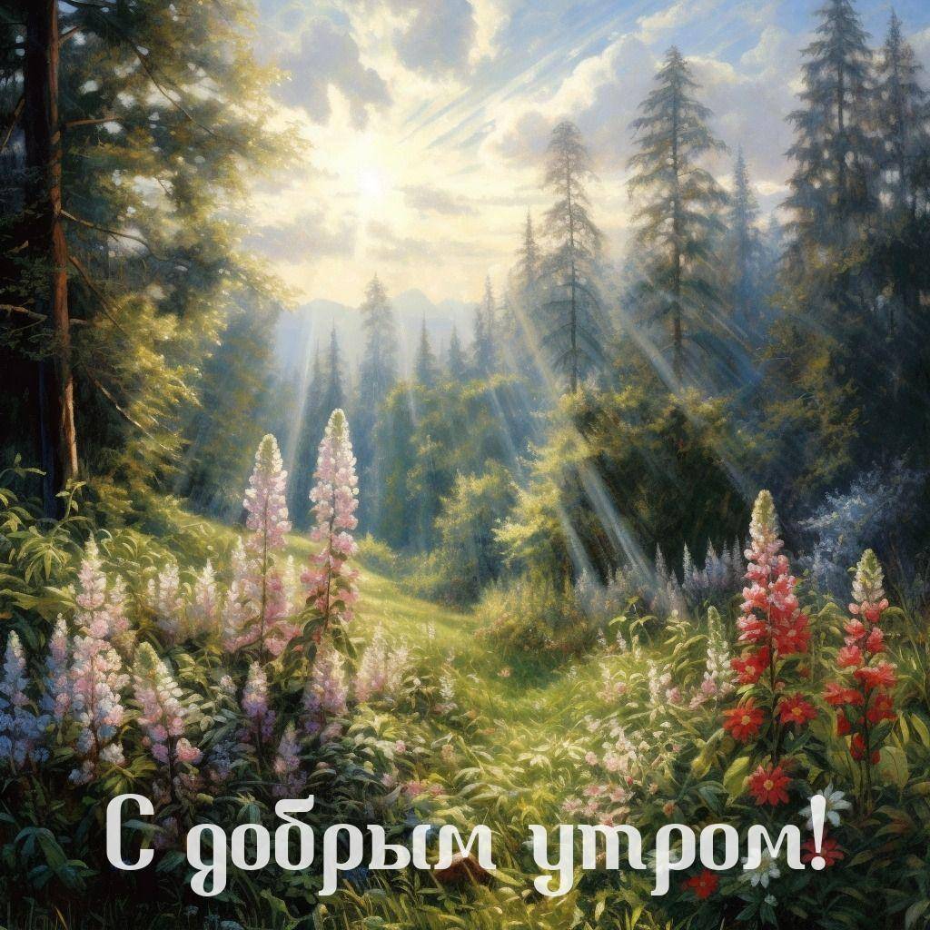 Красивый лесной пейзаж с цветами и горами
